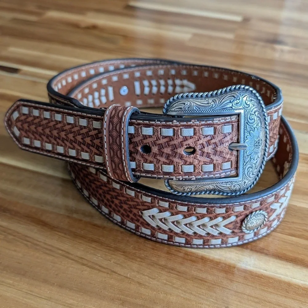 Nocona Mens Brown Leather Western Belt Basketweave Size 44 (For Pant Size 42)